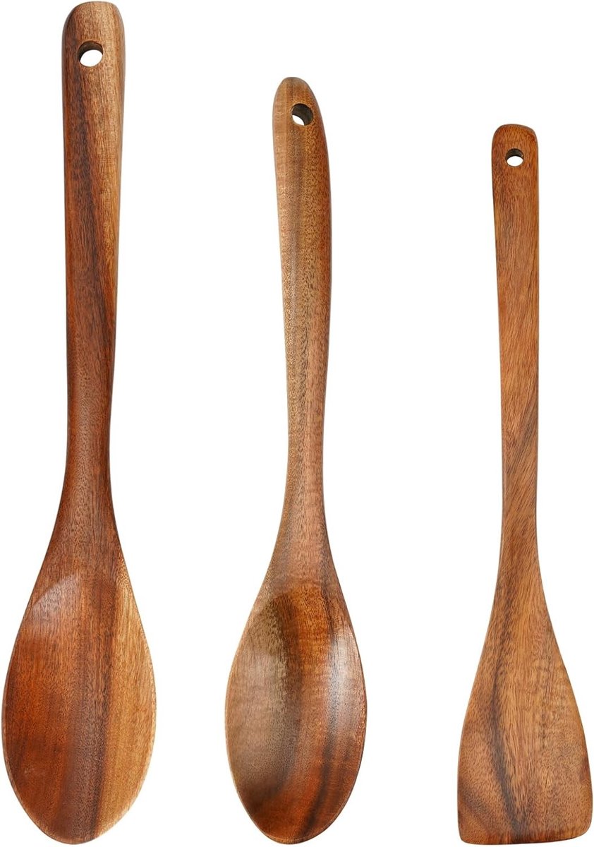 Houten Kooklepel Set - Houtkleur - 30 cm en 26 cm - Hoogwaardig Olijfhout - Voor Koken en Serveren