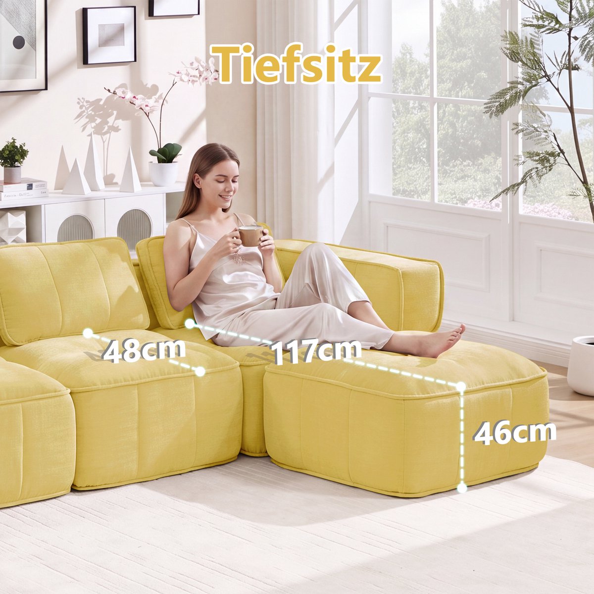 OKWISH Hoekbank 4-Zits - Modulair En Zonder Frame Met Hocker En Diepe Zitting - Voor Woonkamer - Polyester - Geel