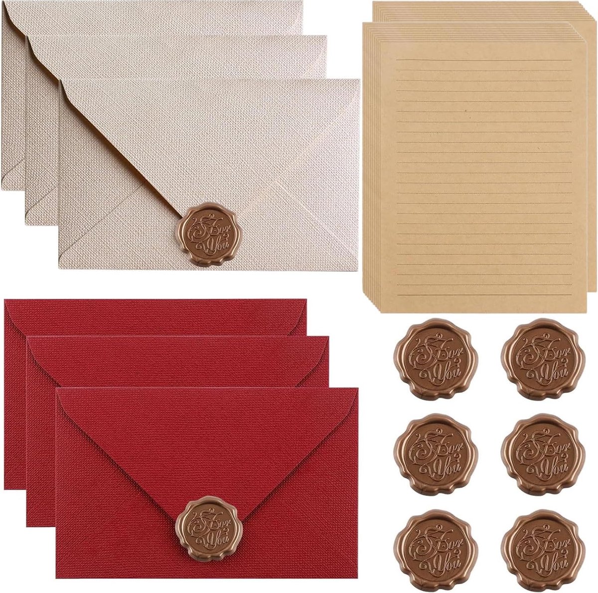 Vintage briefpapier set - 6 linnen enveloppen - met waszegels - voor elegante uitnodigingen - ShopVlot