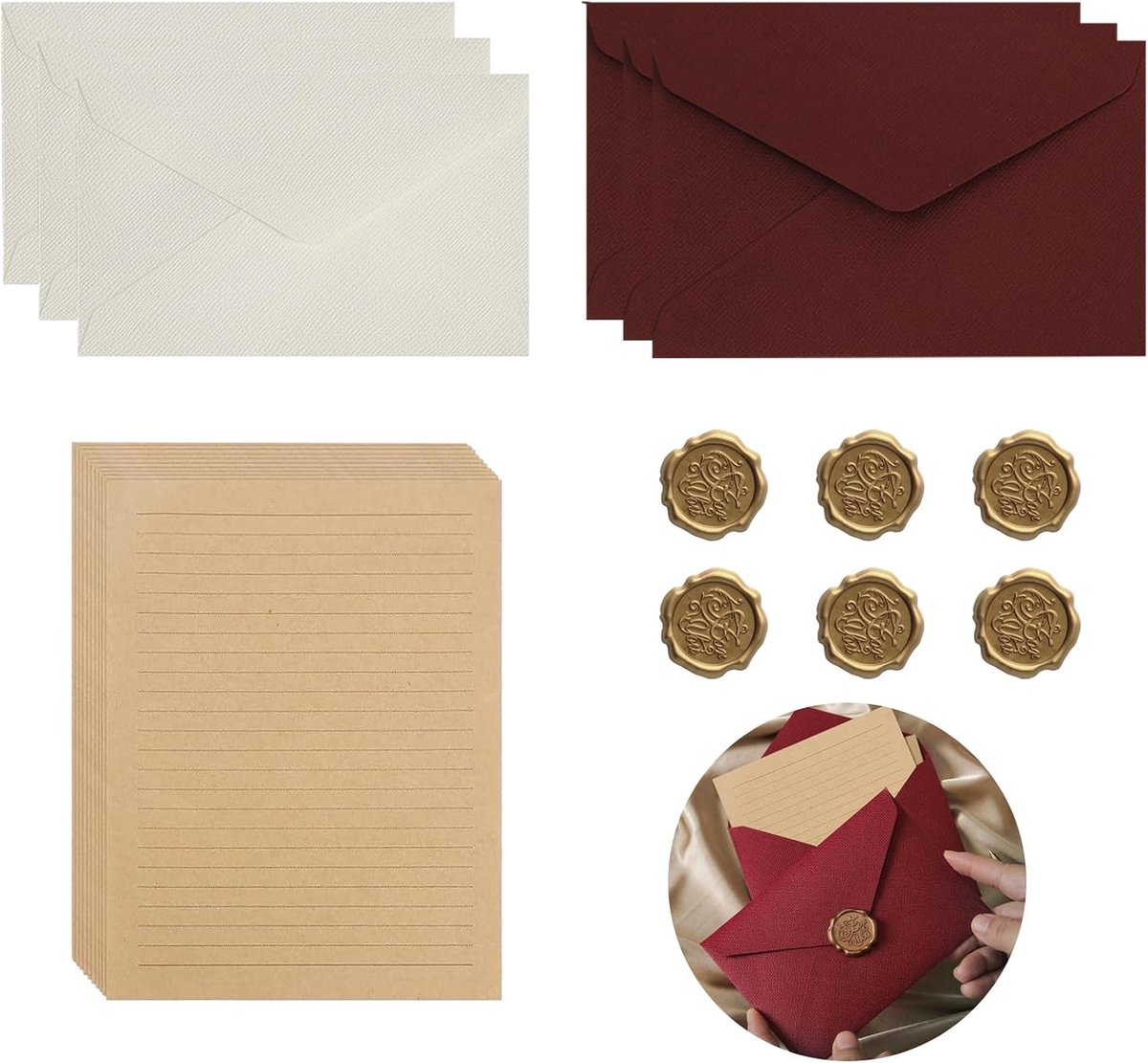 Vintage schrijfpapier set - 20 vellen en 6 linnen enveloppen - met zelfklevende waxzegels - perfect voor uitnodigingen - ShopVlot