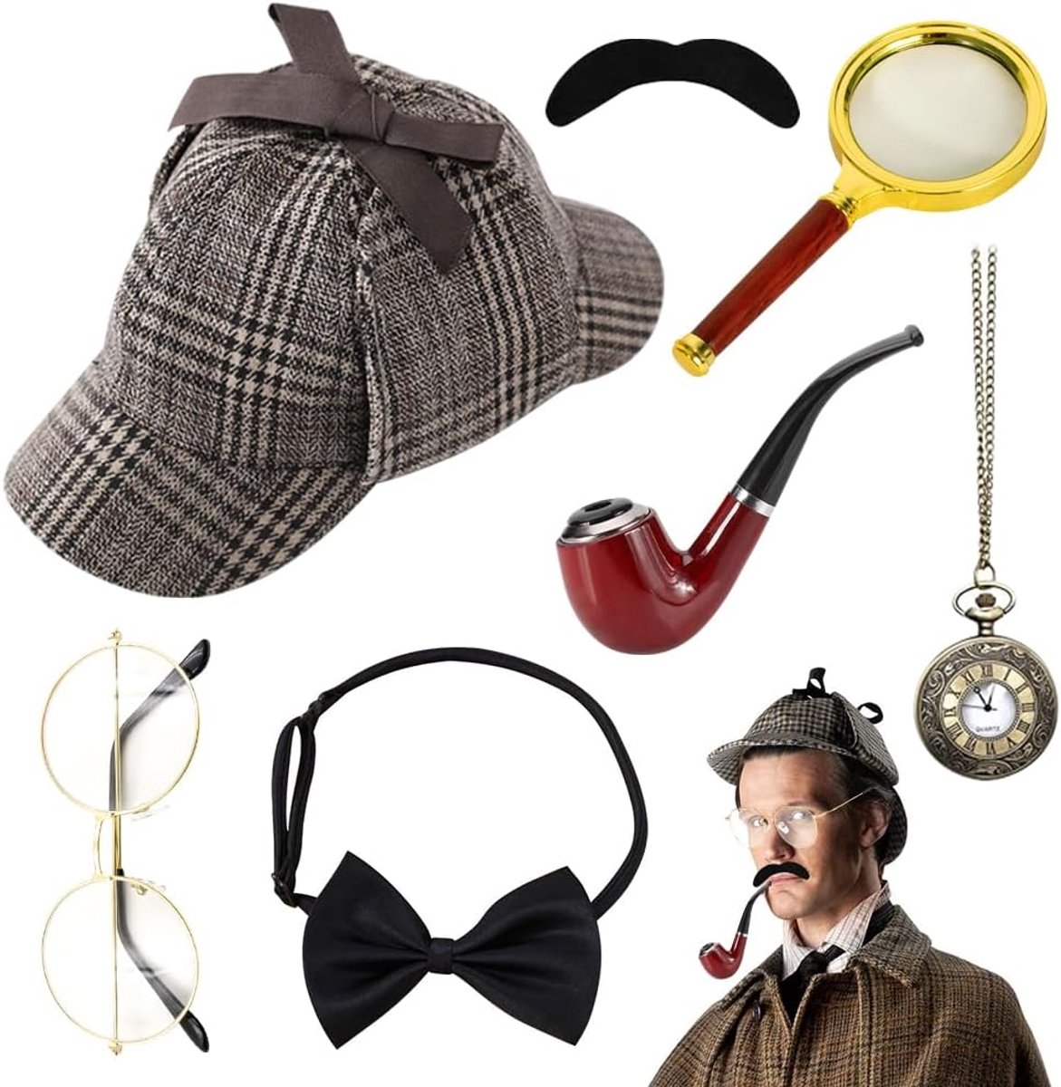 7 Pieces Detective Costume Accessory Set, Sherlock Holmes Accessories with Detective Hat, Magnifier, Metal Glasses - ShopVlot