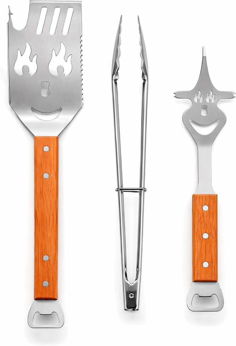 3-delige grillbestekset, roestvrij staal, multifunctionele 7-in-1 grillspatel met houten handvat, grilltang en - ShopVlot
