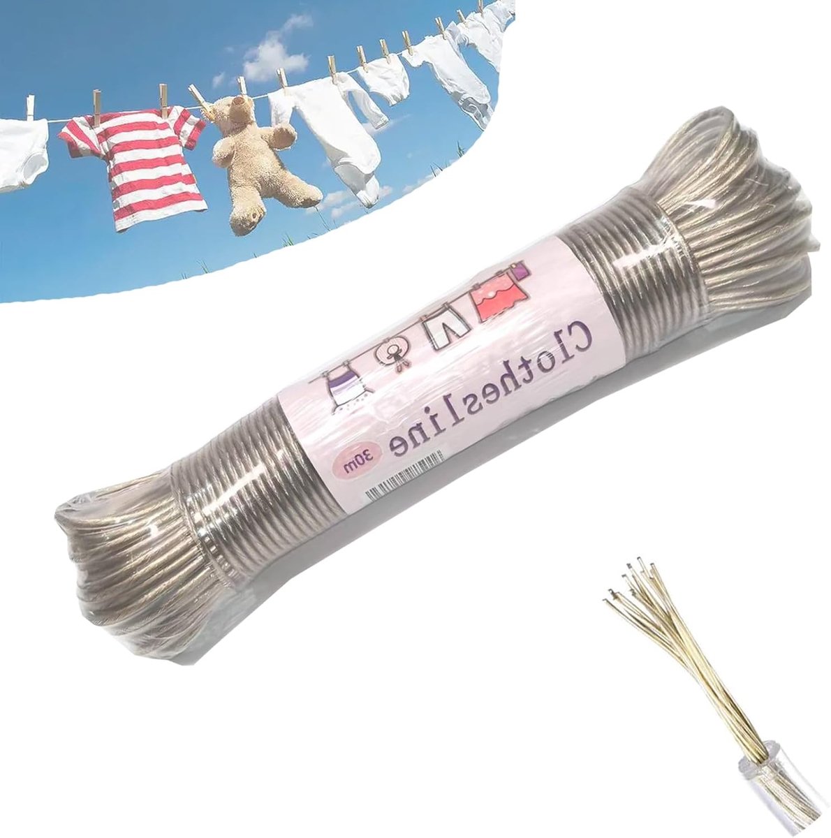 Washing line extra strong with steel core and plastic coating, 30 m, tear-resistant washing line, 120 kg load - ShopVlot