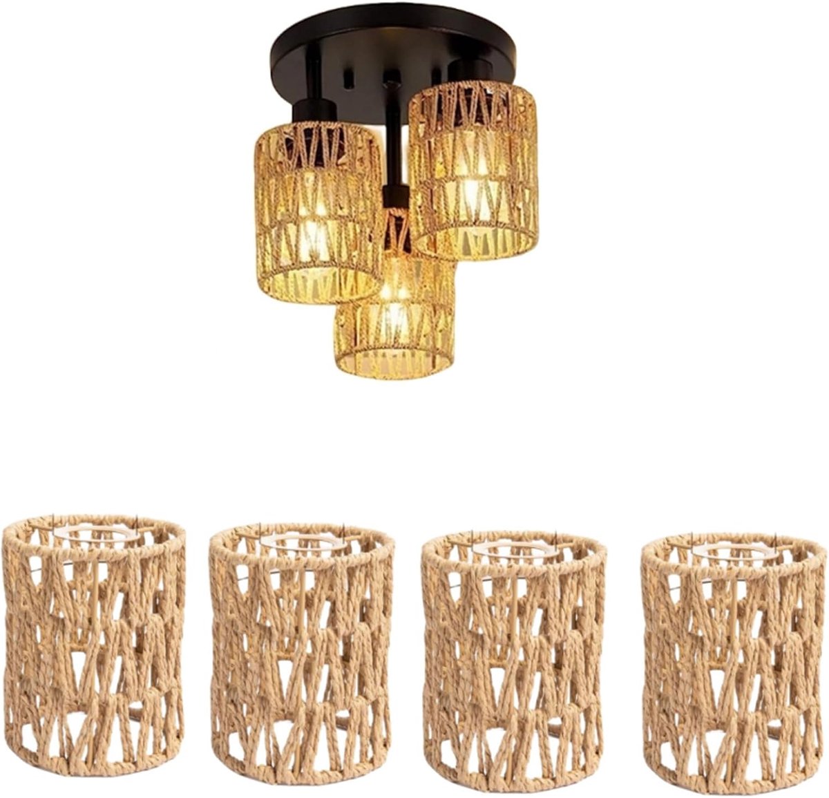 4 stuks boho-hanglampenkappen, rotan papieren lampenkappen, 12 x 12 x 15 cm, universele vervangende lampenkappen voor - ShopVlot