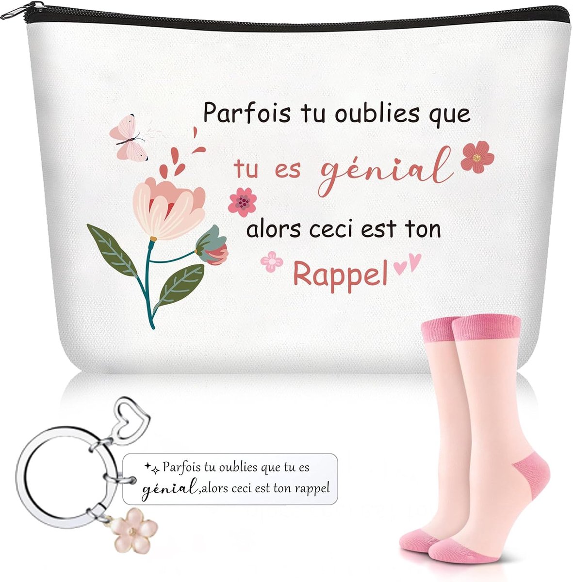 Boyiee 3 Mut Gifts Inspired Makeup Bag with Flowers Rectangular Keychain Funny Socks Motivation and Encouragement - ShopVlot