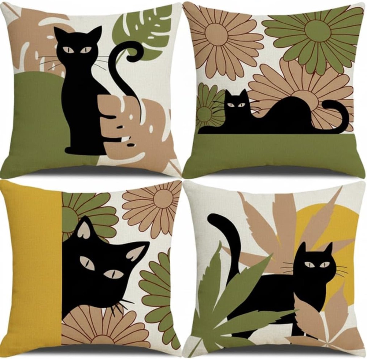 Kussenslopen van 45 x 45 cm, set van 4 kussenslopen met zwarte kat en bloemen, zachte decoratieve vierkante - ShopVlot