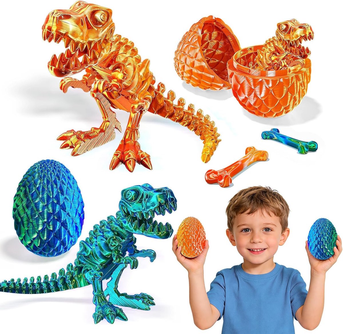 Set van 4 miniatuur 3D-bedrukt drakenei met draak, 13 cm beweegbare gewrichten, drakenspeelgoed, paaseieren - ShopVlot