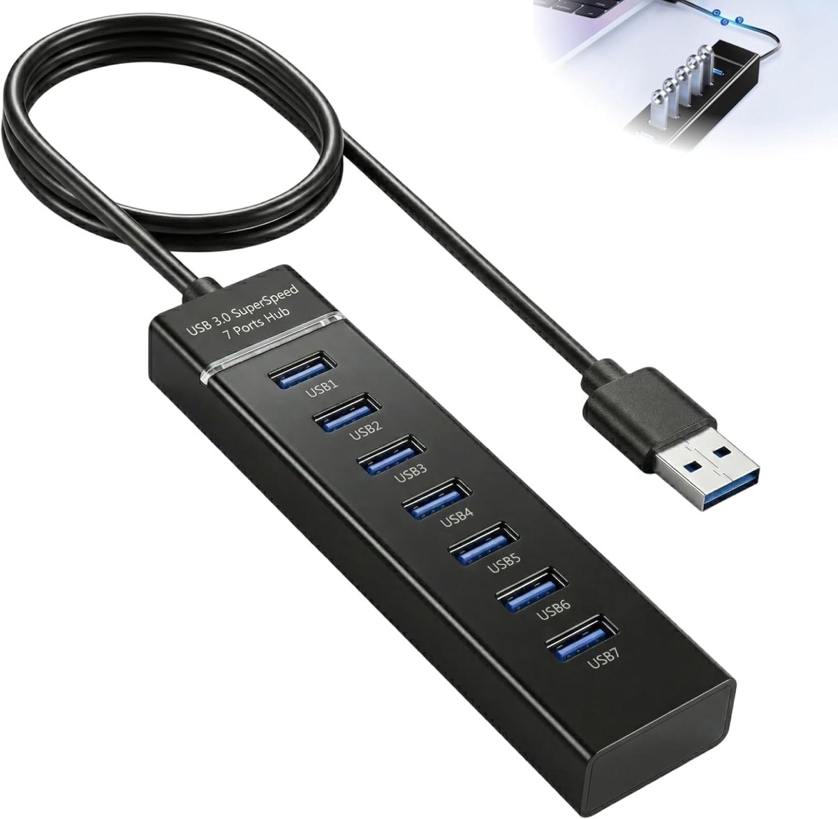 7-poorts hub USB 3.0 – aluminium hub USB met 120 cm, 5 V, 3 A, USB-Caluminium aansluiting, stekkerdoos, USB - ShopVlot