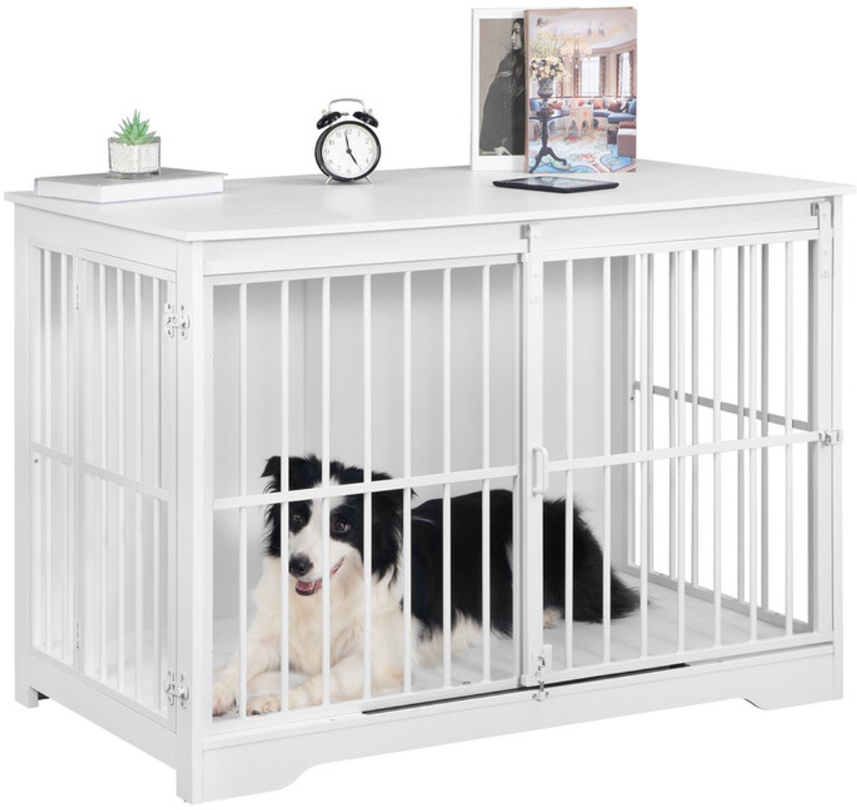 Hzuaneri 110cm Hondenkooimeubel, hondenbox, 2 deuren, moderne hondenkooi voor binnen voor kleine/middelgrote/grote honden, bijzettafel, versterkte schuifdeur, 110 × 65 × 81 cm, Wit
