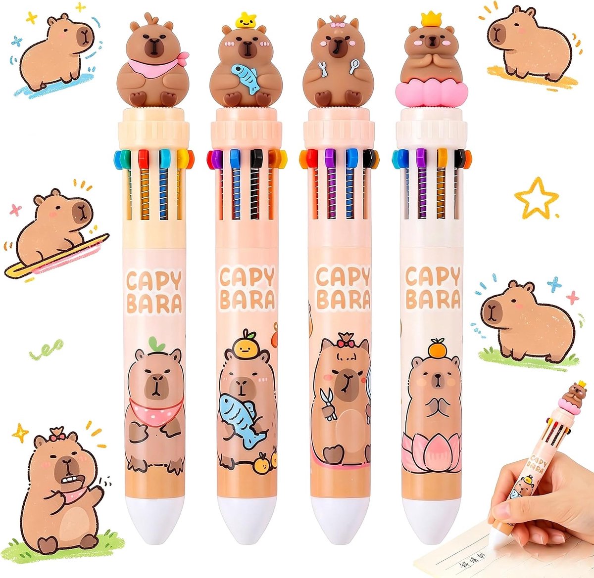 Balpennen set 4 stuks - veelkleurige 10-in-1 pennen - grappige Capybara design - ideaal voor school en kantoor - ShopVlot