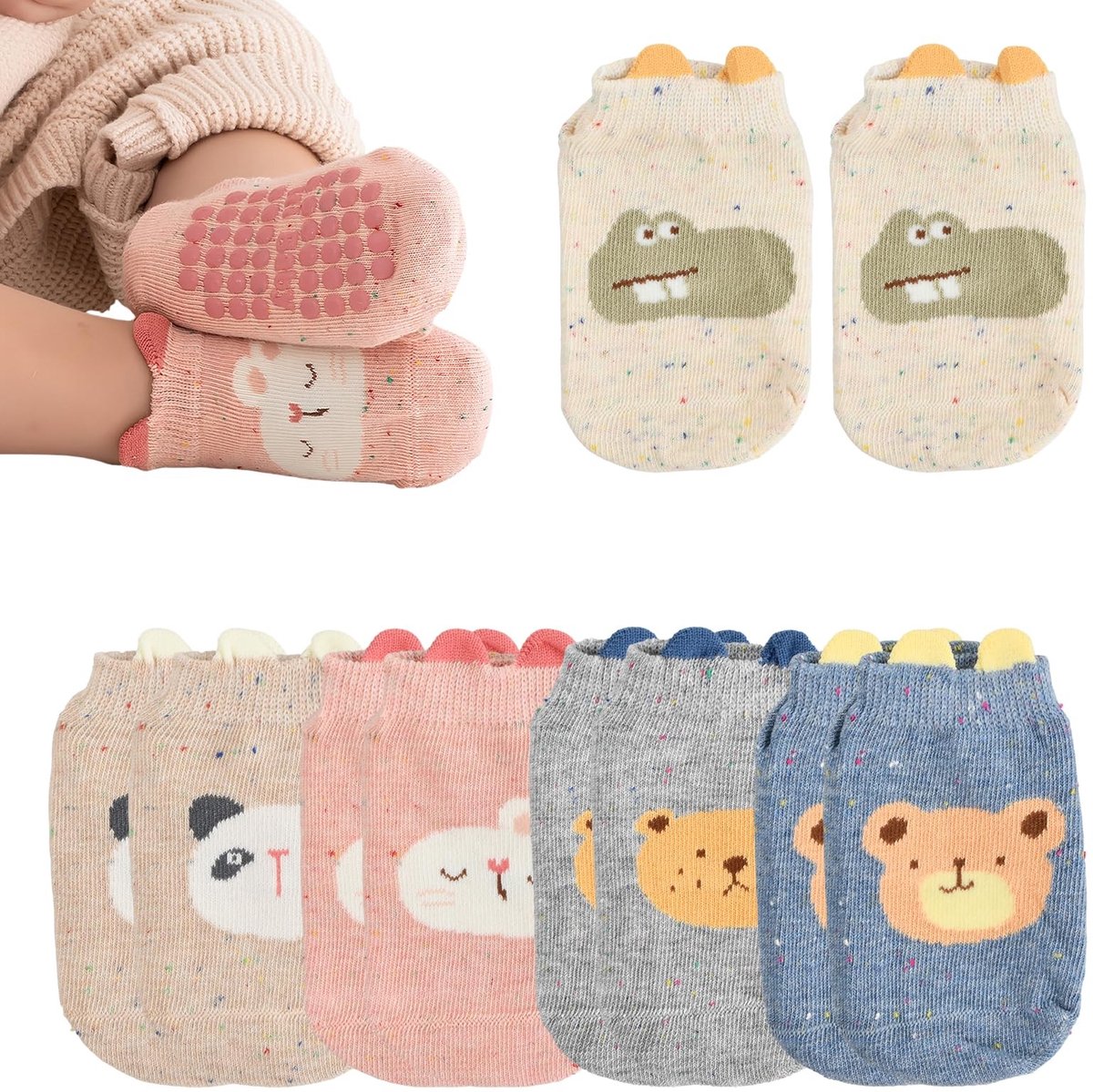 Solidchoice - 5 Paar Antislip Babysokken met Dierenprint voor Kinderen van 1 tot 3 Jaar