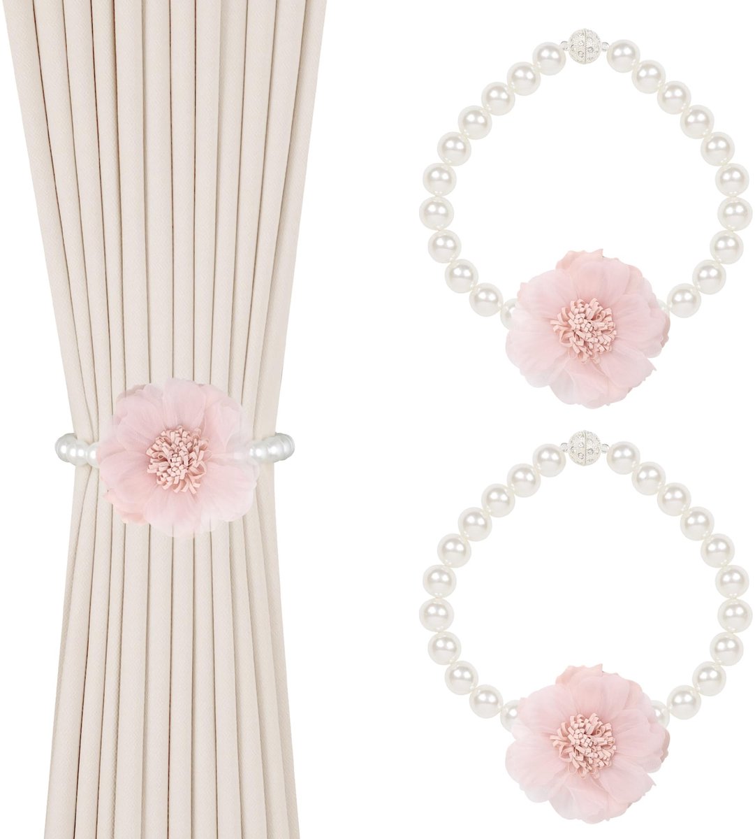 Solidchoice - Set van 2 Magnetische Gordijn Ties met Bloemdecoratie, Roze