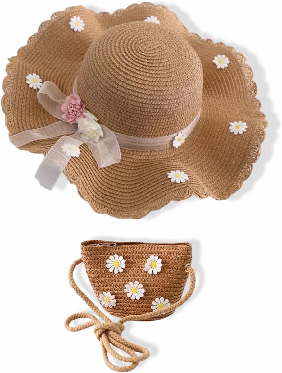 Zonhoed set 2 stuks - brede rand - bruin met bloemen - perfect voor strand en reizen - ShopVlot