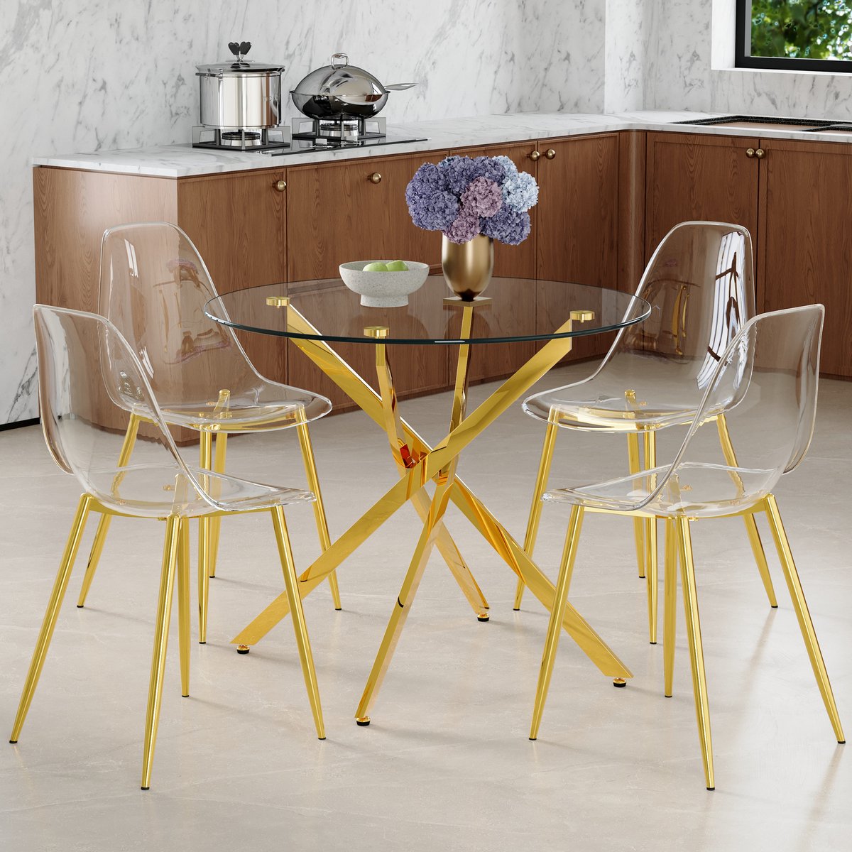 COVREO Set tafel en stoelen 88 cm goud, glas en kunststof 4 stoelen