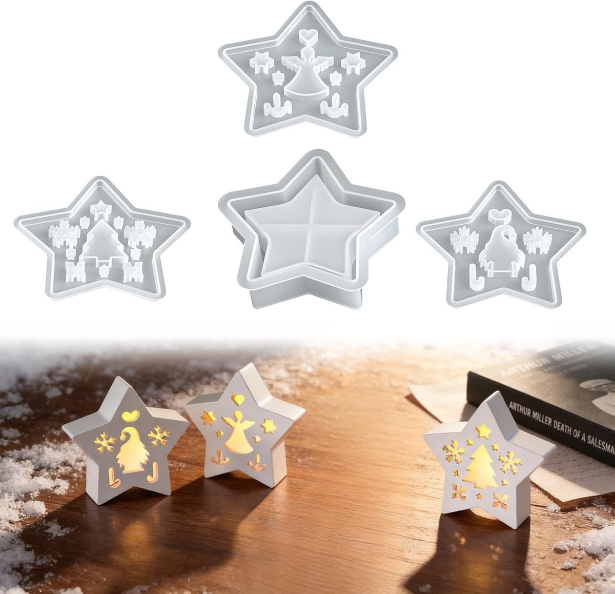 Set van 4 Siliconen Mallen voor Stervormige Kaarsenhouders en Epoxy Resin Gietvormen voor Kerstdecoratie en Theelichtjes