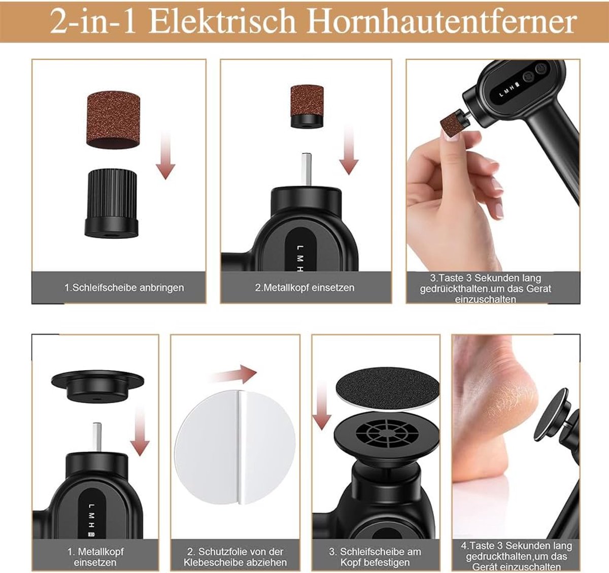 Elektrische eeltverwijderaar - 2-in-1 - Oplaadbaar - 6 instelbare snelheden voor voeten en hielen - ShopVlot