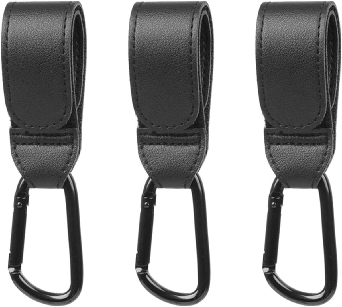 Pram clips 3 stuks zwart - universele kinderwagenhaken - leer en metaal - eenvoudig boodschappen meenemen - ShopVlot