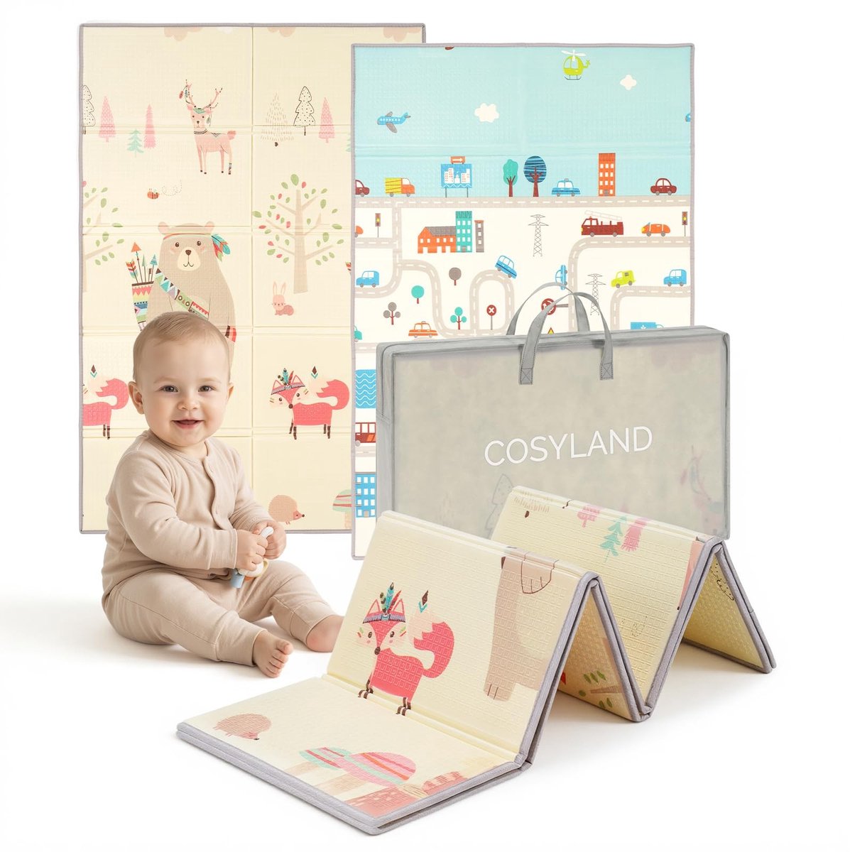 Solidchoice - Vouwbare Kindermat met Pummelbär en Auto Stad Motief