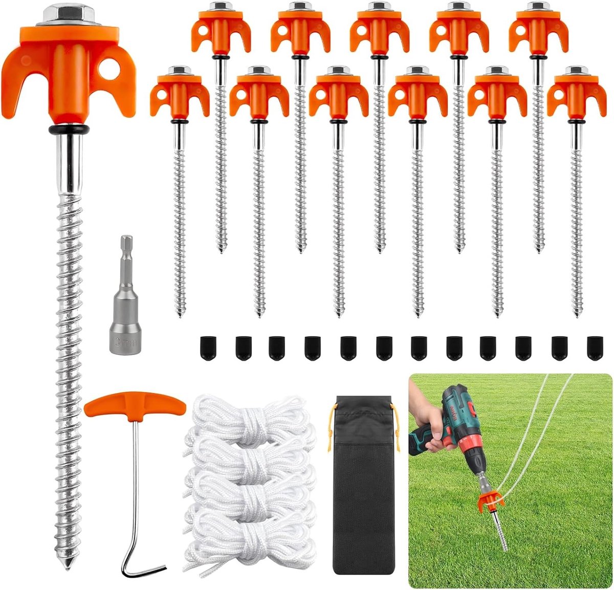 Tenthaken Set - Staal - 20 cm - Stormvaste Schroefhaken met Dopsleutel en Draagtas - Voor Outdoor en Kamperen
