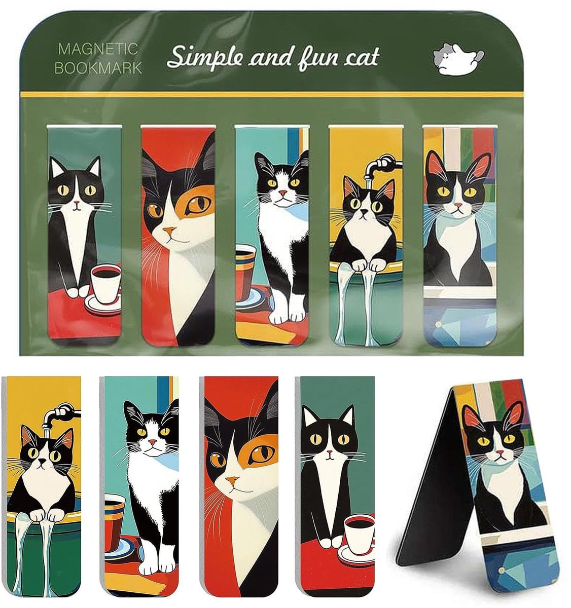 Solidchoice - Set van 5 Magnetische Boekenleggers met Katten