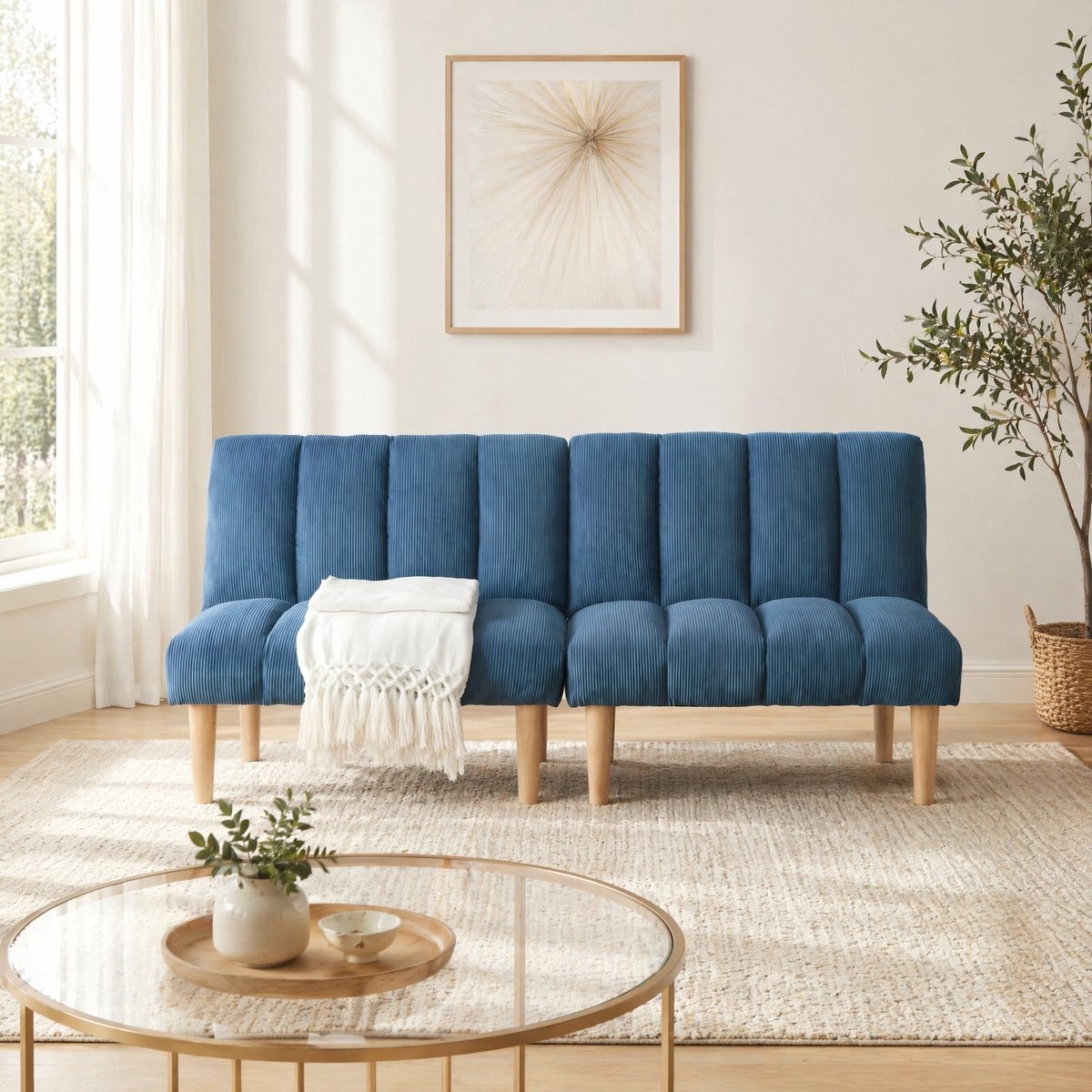 COVREO Slaapbank 167 x 82 x 72 cm blauw, corduroy met 3-voudige rugleuning