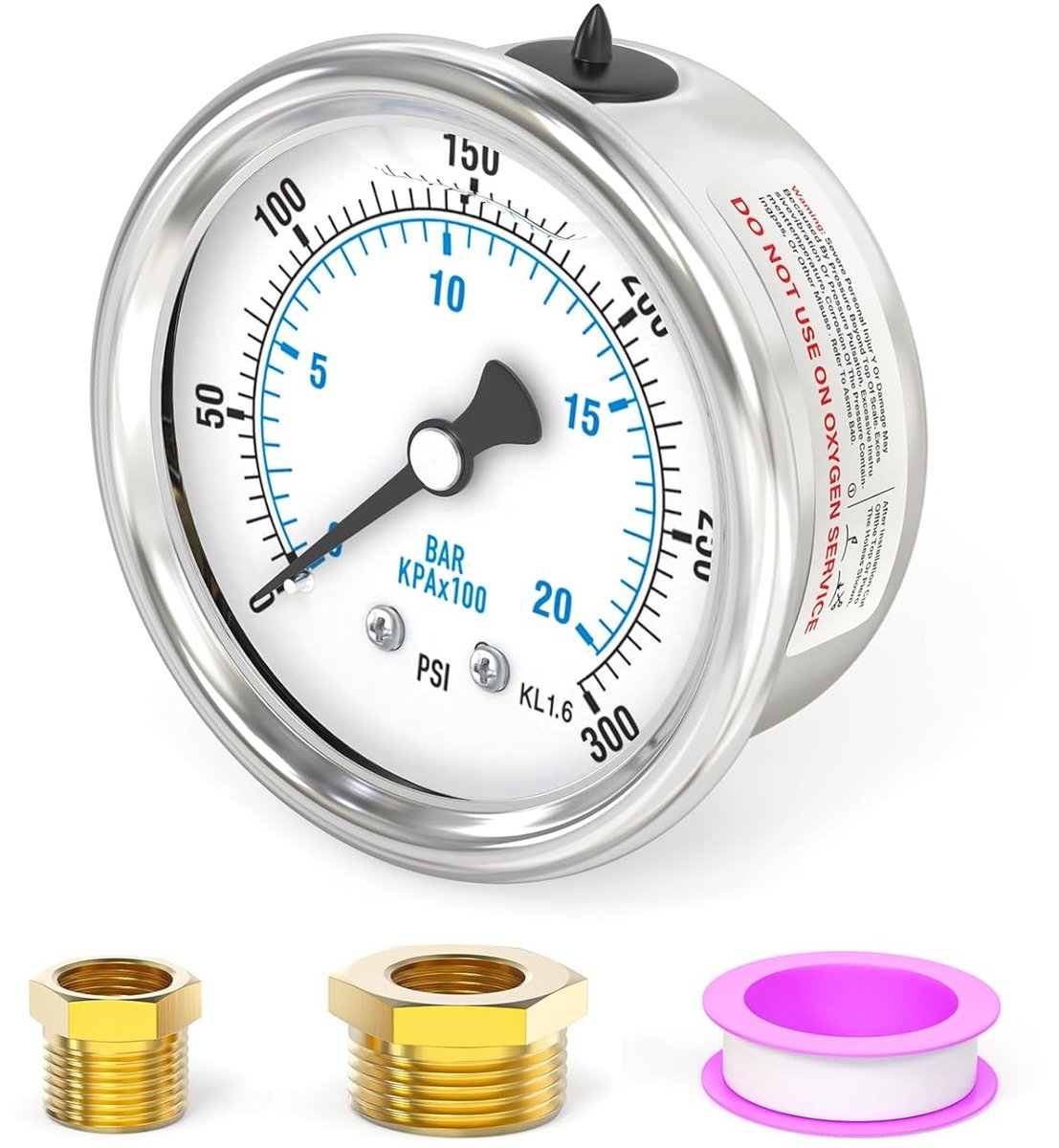0-20 bar/0-300 psi stainless steel 1/8" BSP 2.5" dial liquid filled pressure gauge, rear assembly with 3/8" x 1/8" and - ShopVlot