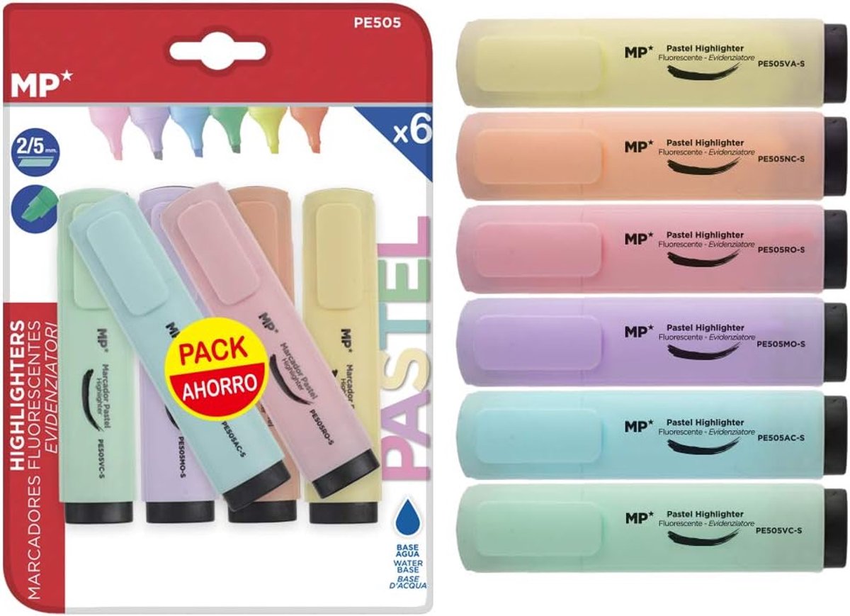Madrid Paper (MP) Highlighters, 6 Pastel Colours, Wedge Tip Marker for Adults and Children, Play and Work at Home - ShopVlot