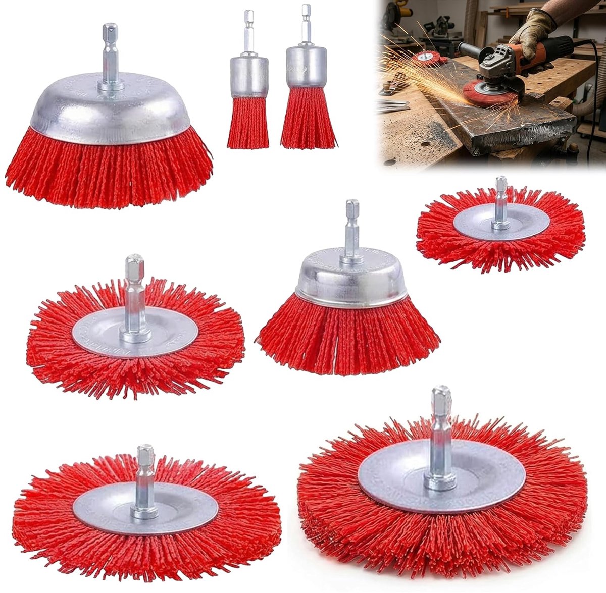 8 Pcs Nylon Brush Drill Set - Nylon Brush, Pot Brush with 1/4 Inch Hex Shank for Cordless Screwdriver, Angle Grinder - ShopVlot