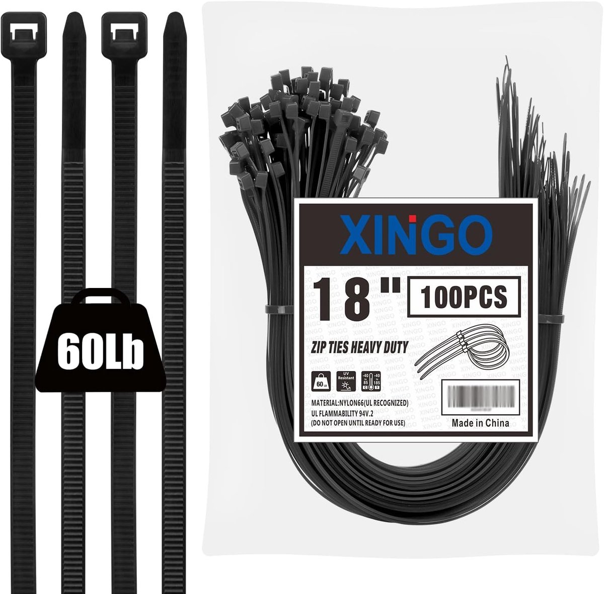 XINGO 45,7 cm (18 inch) zwarte ritssluitingen, heavy duty (100 stuks), zwart, 60 lbs treksterkte, UV-bestendige - ShopVlot