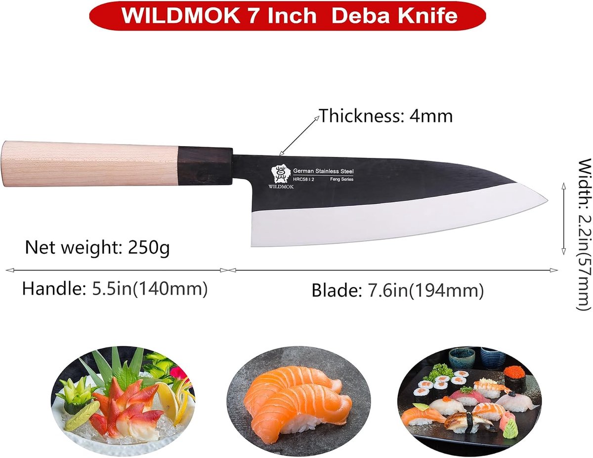 WILDMOK Deba Knife 19.2cm Usuba Asian Salmon Knife Sashimi Knife German Blade Stainless Steel and Traditional Wooden - ShopVlot