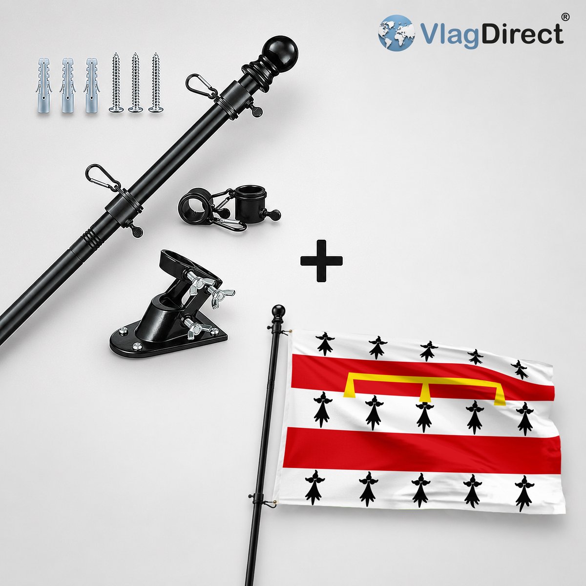 VlagDirect - Compleet vlaggenpakket - Zwarte vlaggenstok inclusief vlaggenstokhouder + Gemeente Nandrin vlag - 90 x 150 cm.