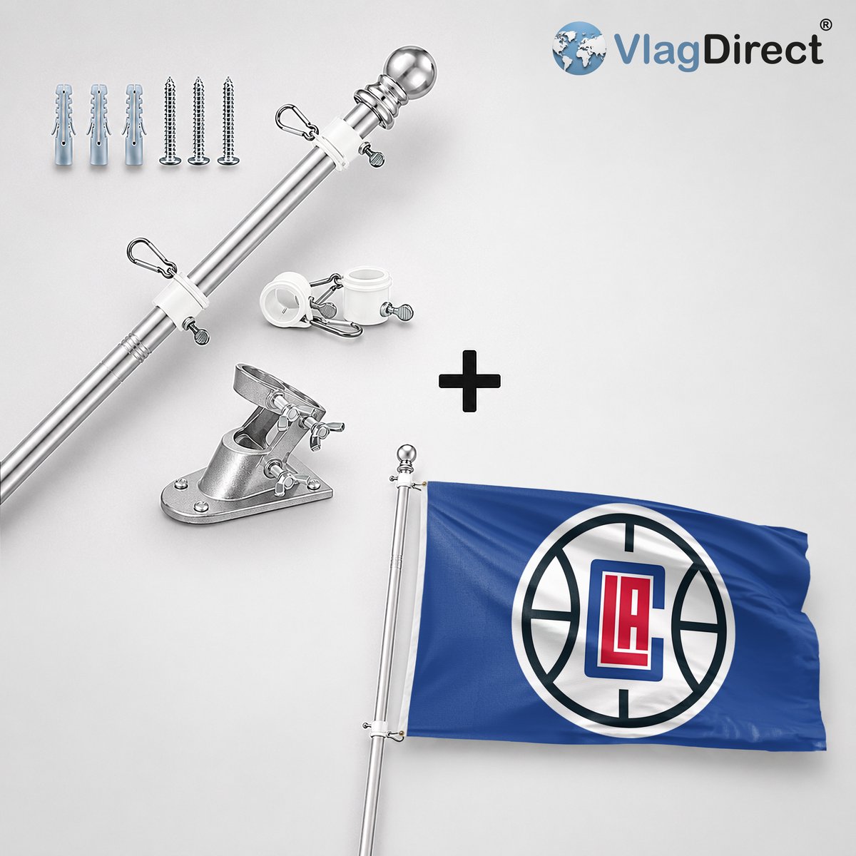 VlagDirect - Compleet vlaggenpakket - Zilveren vlaggenstok inclusief vlaggenstokhouder + LA Clippers vlag - LA Clippers basketbalteam vlag - 90 x 150 cm.