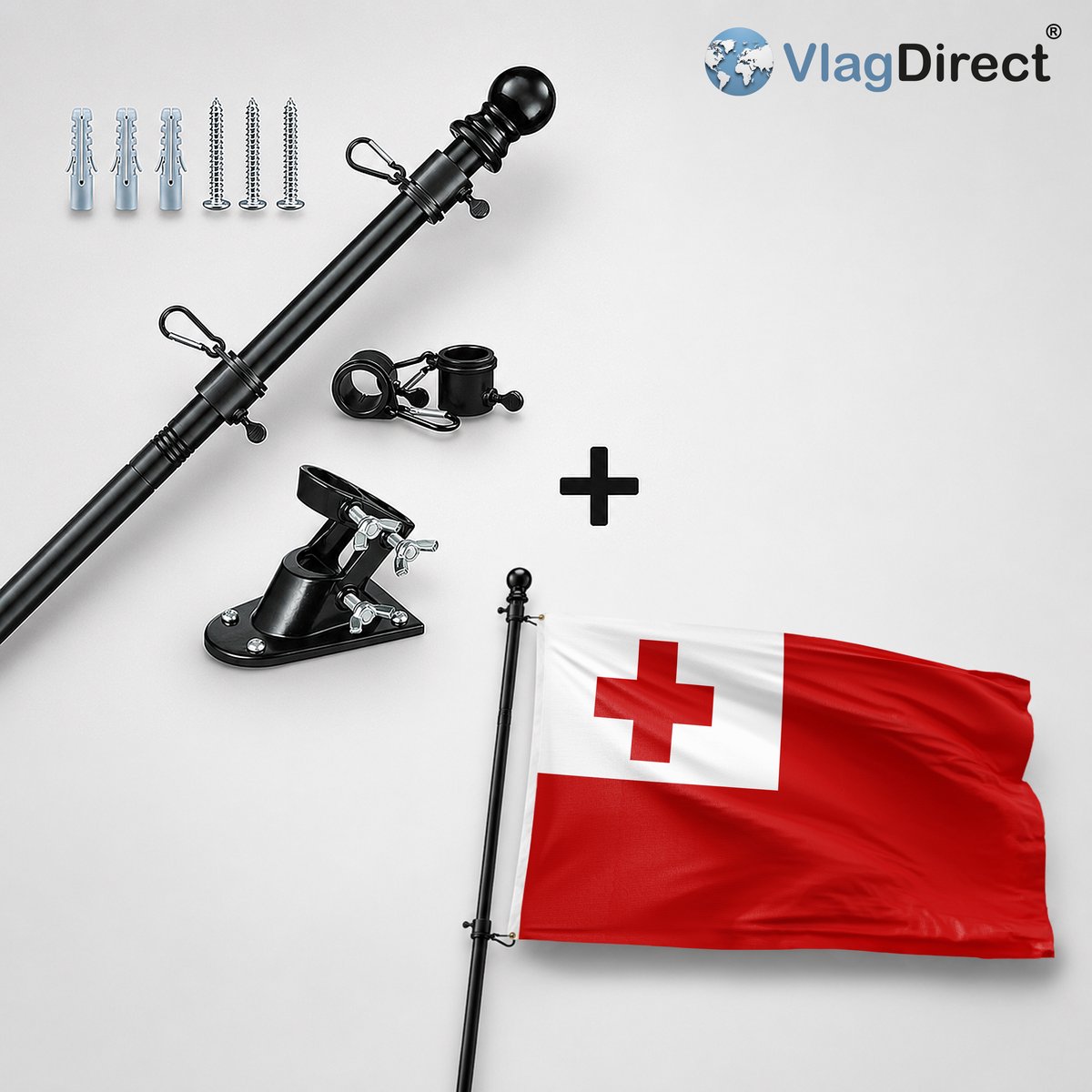 VlagDirect - Compleet vlaggenpakket - Zwarte vlaggenstok inclusief vlaggenstokhouder + Tongaanse vlag - Tonga vlag - 90 x 150 cm