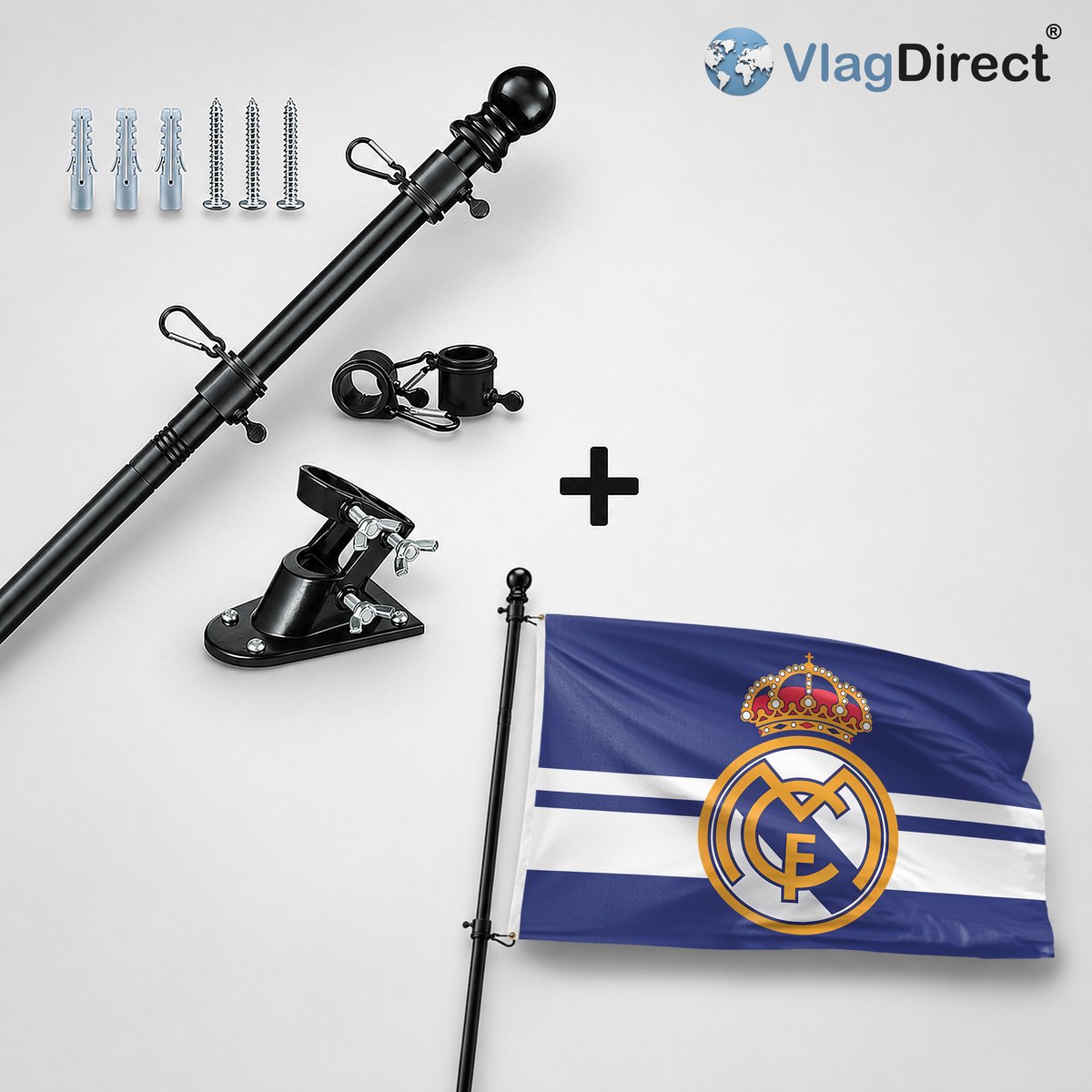 VlagDirect - Compleet vlaggenpakket - Zwarte vlaggenstok inclusief vlaggenstokhouder + Real Madrid vlag - 90 x 150 cm.