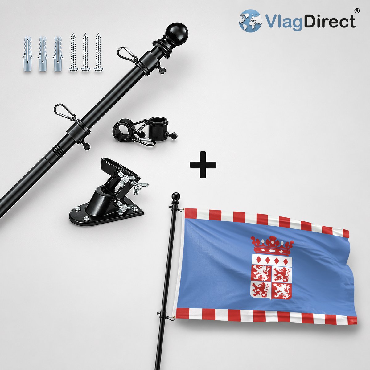 VlagDirect - Compleet vlaggenpakket - Zwarte vlaggenstok inclusief vlaggenstokhouder + Veldhoven vlag - Gemeente Veldhoven vlag - 90 x 150 cm.