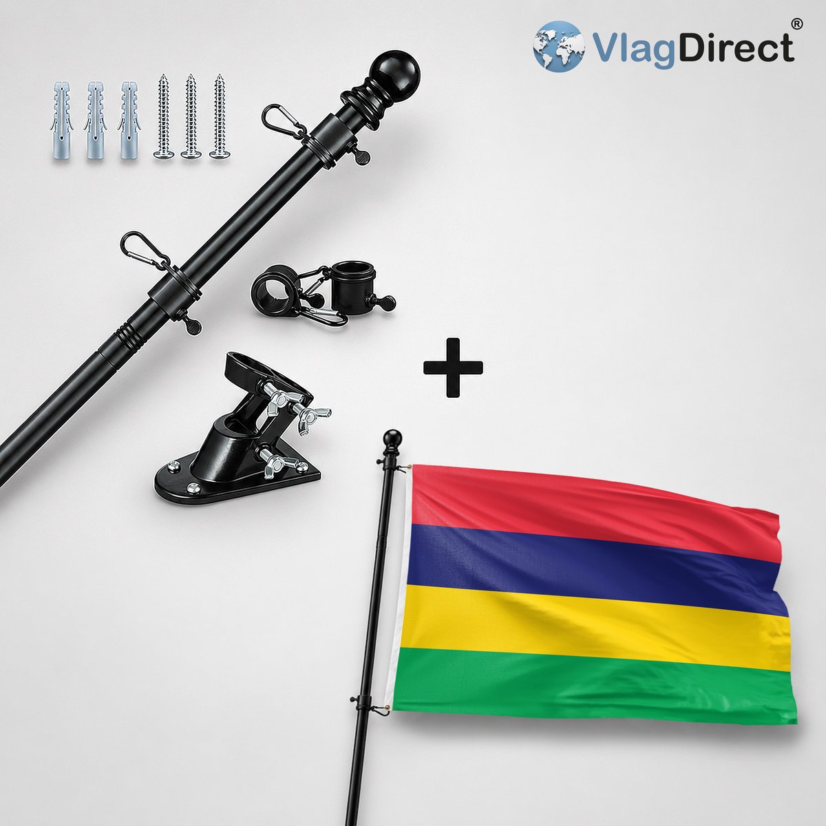VlagDirect - Compleet vlaggenpakket - Zwarte vlaggenstok inclusief vlaggenstokhouder + Mauritiaanse vlag - Mauritius vlag - 90 x 150 cm