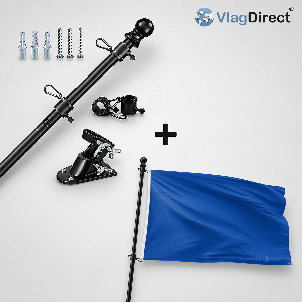 VlagDirect - Compleet vlaggenpakket - Zwarte vlaggenstok inclusief vlaggenstokhouder + PSV Vlag - Groot - Blauw