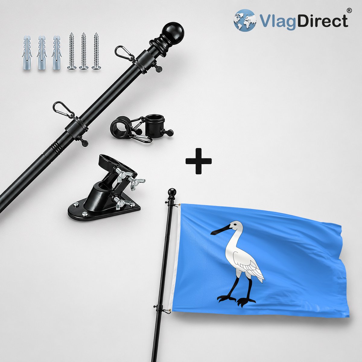 VlagDirect - Compleet vlaggenpakket - Zwarte vlaggenstok inclusief vlaggenstokhouder + Wormerland vlag - Gemeente Wormerland vlag - 90 x 150 cm.