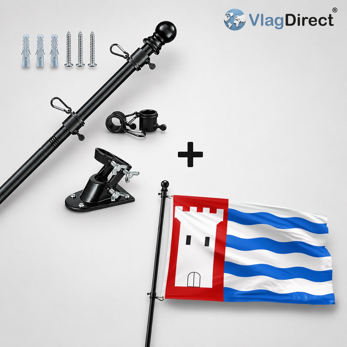 VlagDirect - Compleet vlaggenpakket - Zwarte vlaggenstok inclusief vlaggenstokhouder + Nieuwegein vlag - Gemeente Nieuwegein vlag - 90 x 150 cm.