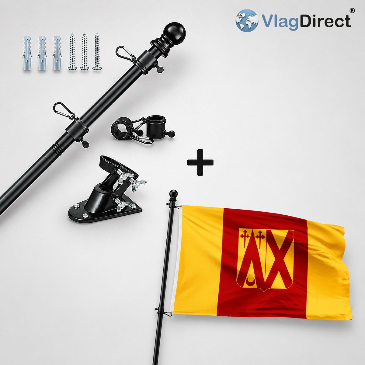 VlagDirect - Compleet vlaggenpakket - Zwarte vlaggenstok inclusief vlaggenstokhouder + Oud-Heverlees, Oud-Heverleese vlag - Gemeente Oud-Heverlee vlag - 90 x 150 cm.