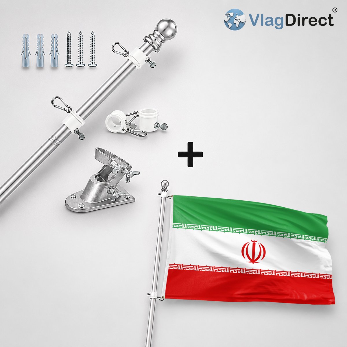 VlagDirect - Compleet vlaggenpakket - Zilveren vlaggenstok inclusief vlaggenstokhouder + Iraanse vlag - Iran vlag - 90 x 150 cm.