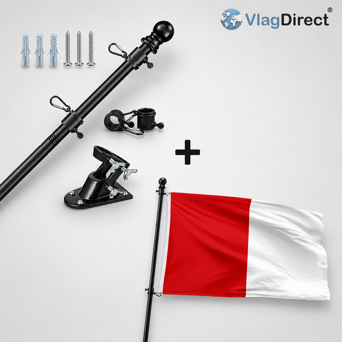 VlagDirect - Compleet vlaggenpakket - Zwarte vlaggenstok inclusief vlaggenstokhouder + Sint-Pieters-Leeuwse vlag - Gemeente Sint-Pieters-Leeuw vlag - 90 x 150 cm.