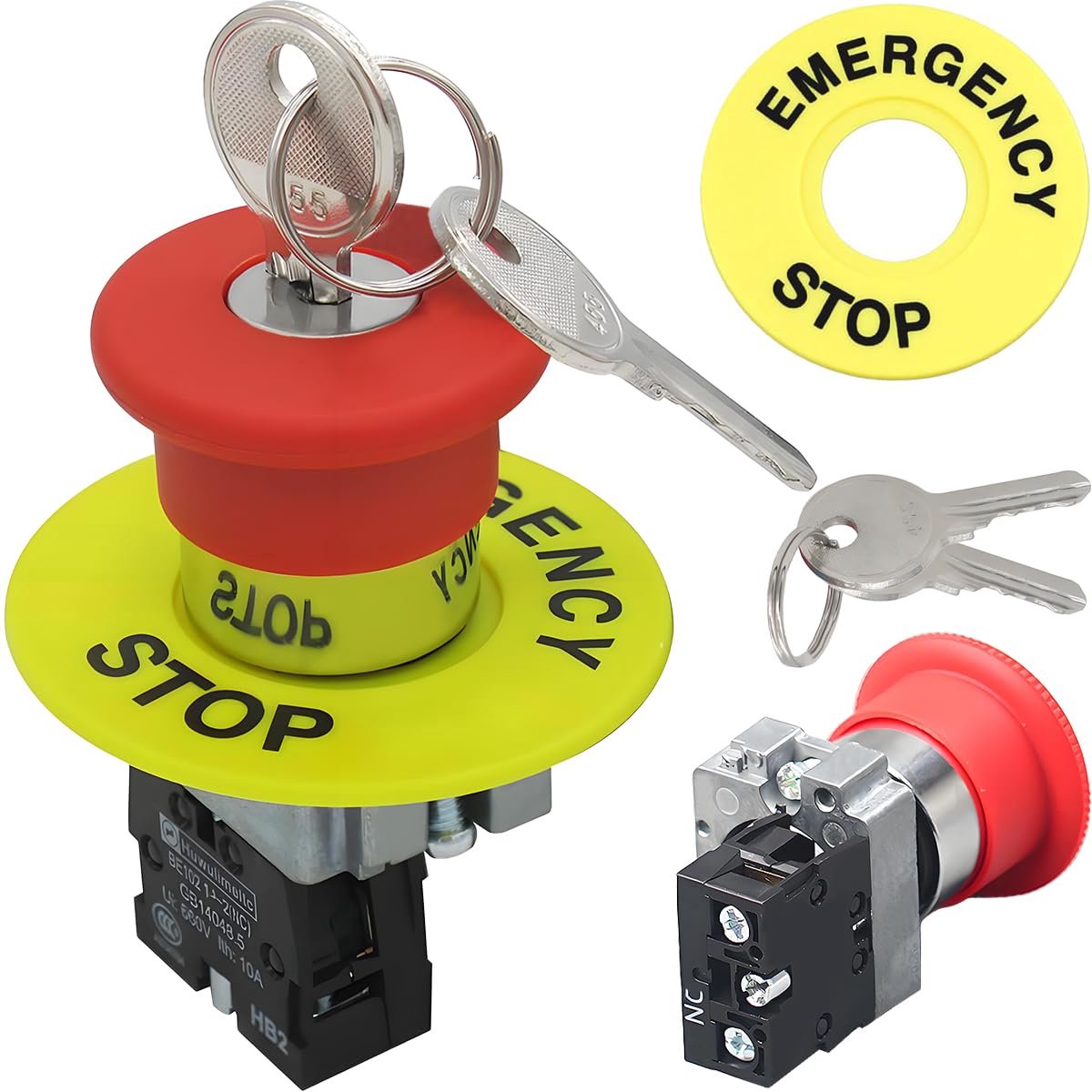2 stuks 1NC Rode paddenstoelschakelaar Rode paddenstoel noodstopdrukknop AC 660V 10A 22mm HB2-BS142 Resetknop met - ShopVlot