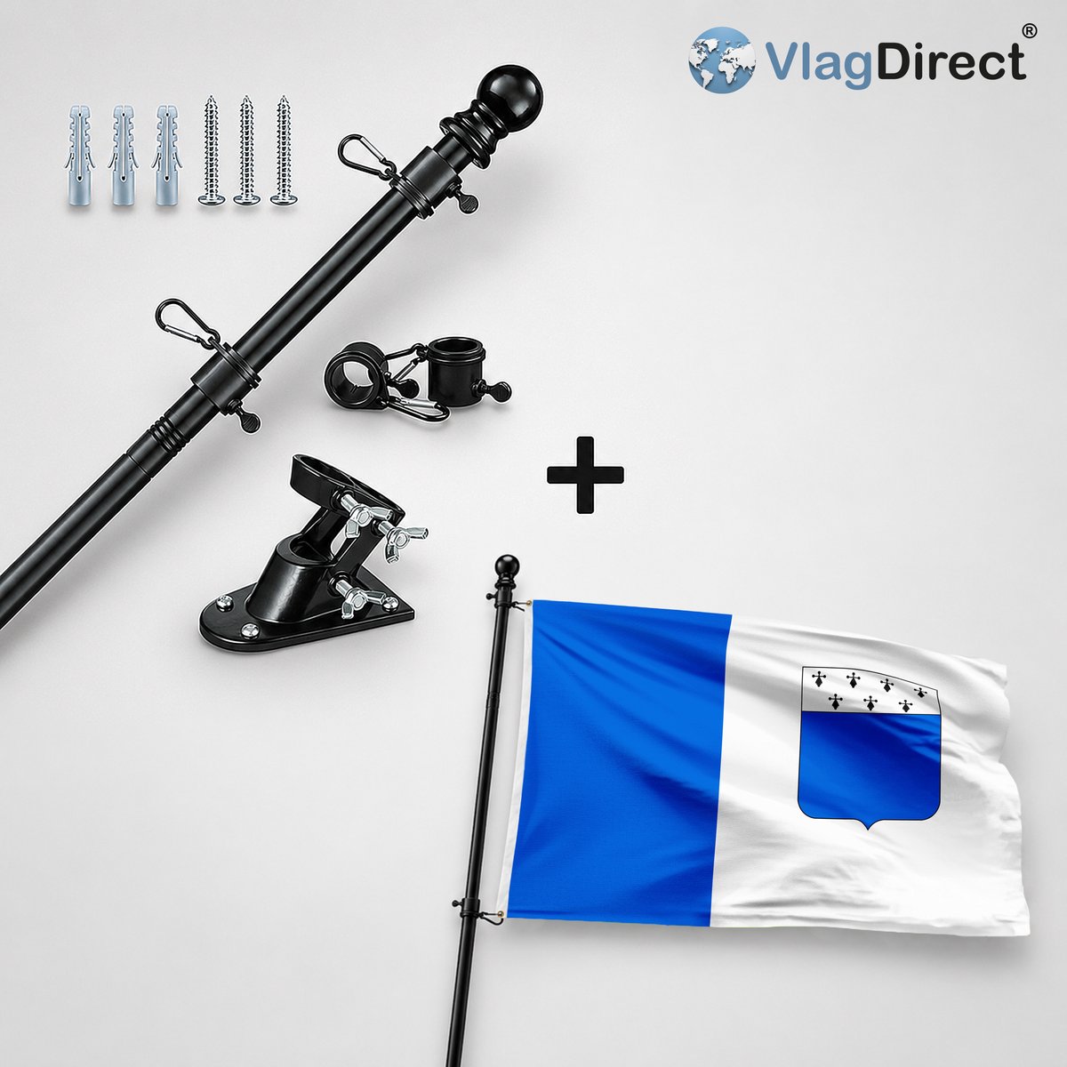 VlagDirect - Compleet vlaggenpakket - Zwarte vlaggenstok inclusief vlaggenstokhouder + Lichterveldse vlag - Gemeente Lichtervelde vlag - 90 x 150 cm.