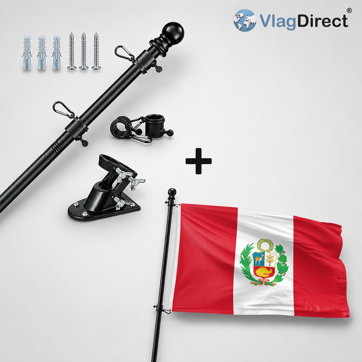 VlagDirect - Compleet vlaggenpakket - Zwarte vlaggenstok inclusief vlaggenstokhouder + Peruaanse vlag - Peru vlag - 90 x 150 cm