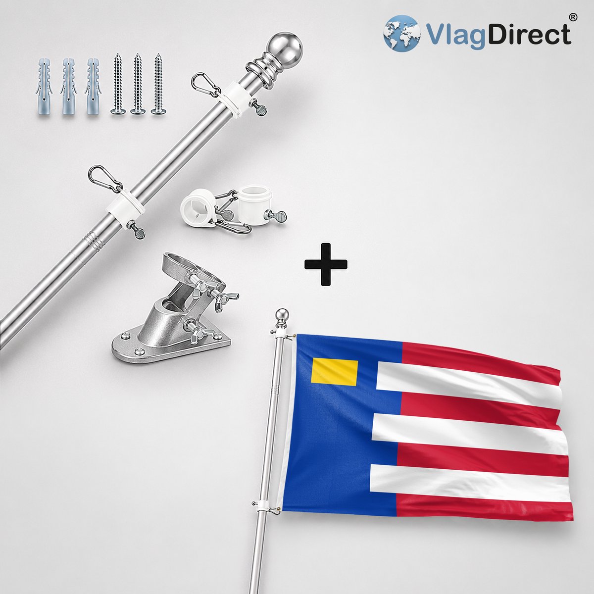 VlagDirect - Compleet vlaggenpakket - Zilveren vlaggenstok inclusief vlaggenstokhouder + Baarle-Nassau vlag - Gemeente Baarle-Nassau vlag - 90 x 150 cm.