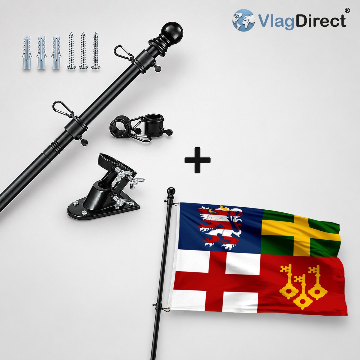VlagDirect - Compleet vlaggenpakket - Zwarte vlaggenstok inclusief vlaggenstokhouder + Latemse vlag - Gemeente Sint-Martens-Latem vlag - 90 x 150 cm.