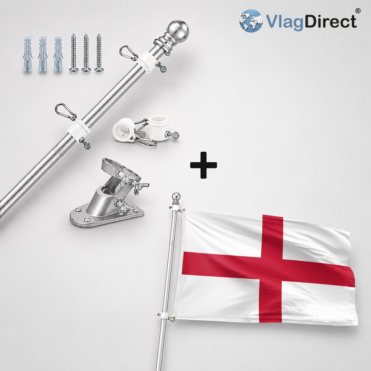 VlagDirect - Compleet vlaggenpakket - Zilveren vlaggenstok inclusief vlaggenstokhouder + Engelse vlag - Engeland vlag - 90 x 150 cm.