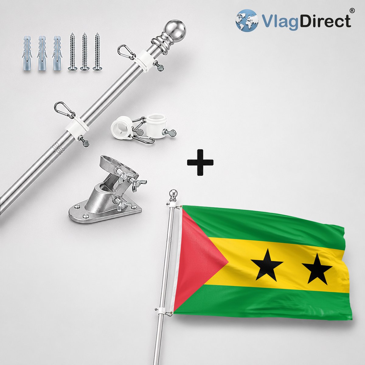 VlagDirect - Compleet vlaggenpakket - Zilveren vlaggenstok inclusief vlaggenstokhouder + Santomese vlag - Sao Tomé en Principe vlag - 90 x 150 cm
