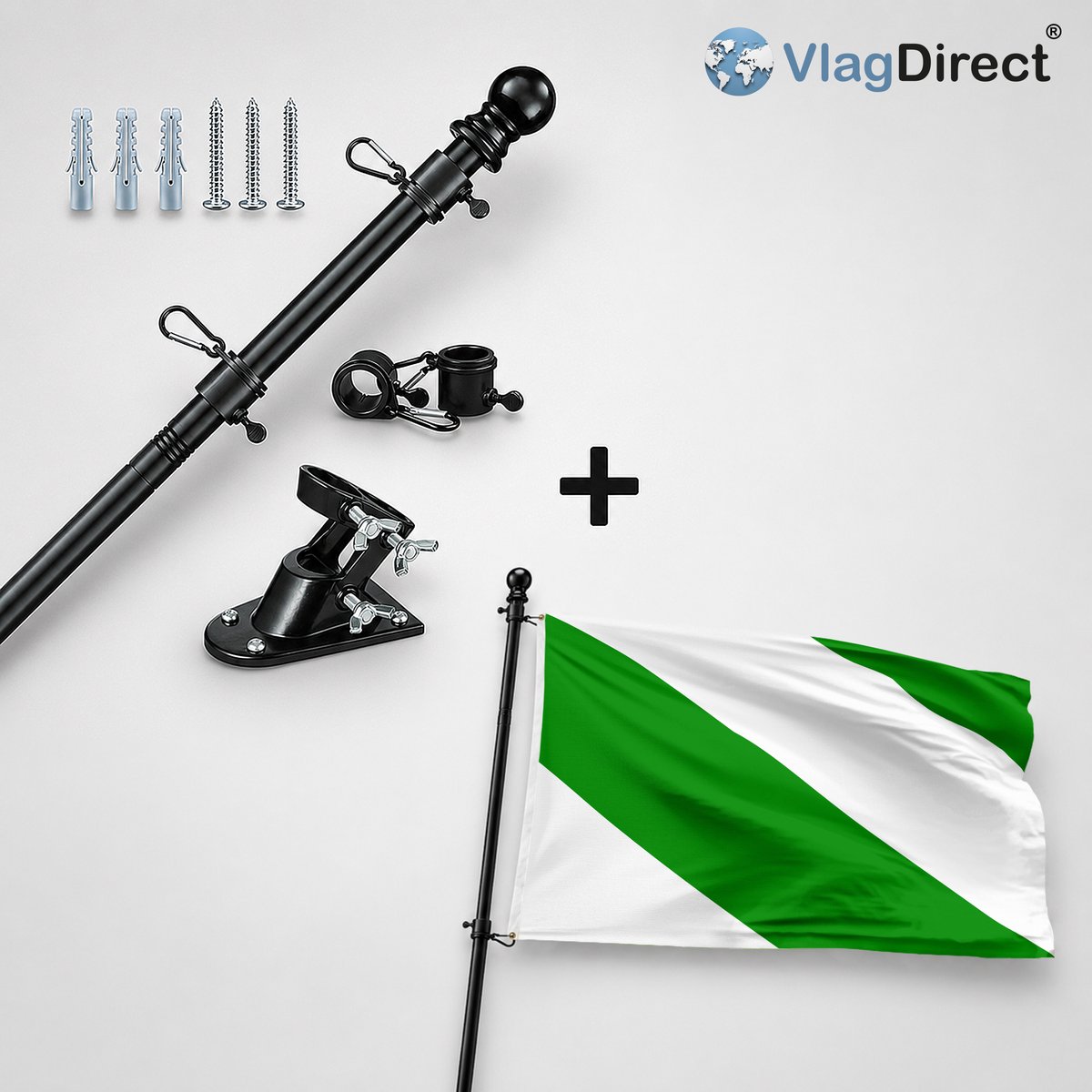 VlagDirect - Compleet vlaggenpakket - Zwarte vlaggenstok inclusief vlaggenstokhouder + Everse vlag - Gemeente Evere vlag - 90 x 150 cm.